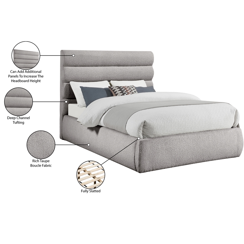 Bowery Hill Contemporary Deep Channel Tufted Rich Taupe Boucle Fabric Queen Bed