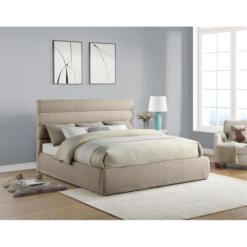 Bowery Hill Contemporary Soft Beige Chenille Fabric King Bed