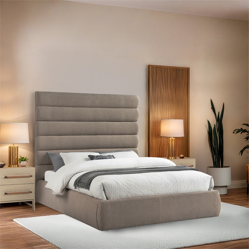 Bowery Hill Contemporary Upholstered Beige Linen Textured Fabric Queen Bed