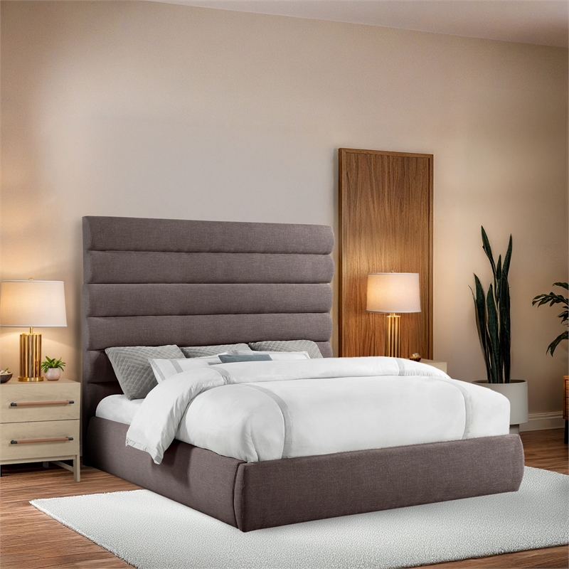 Bowery Hill Contemporary Upholstered Brown Linen Textured Fabric King Bed