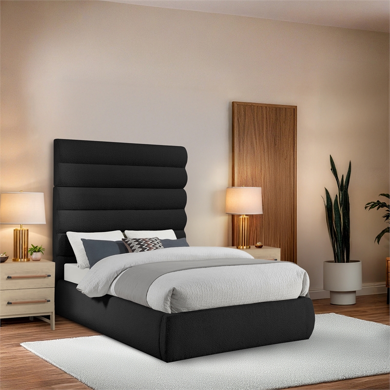 Bowery Hill Contemporary Deep Channel Tufted Rich Black Boucle Fabric Full Bed