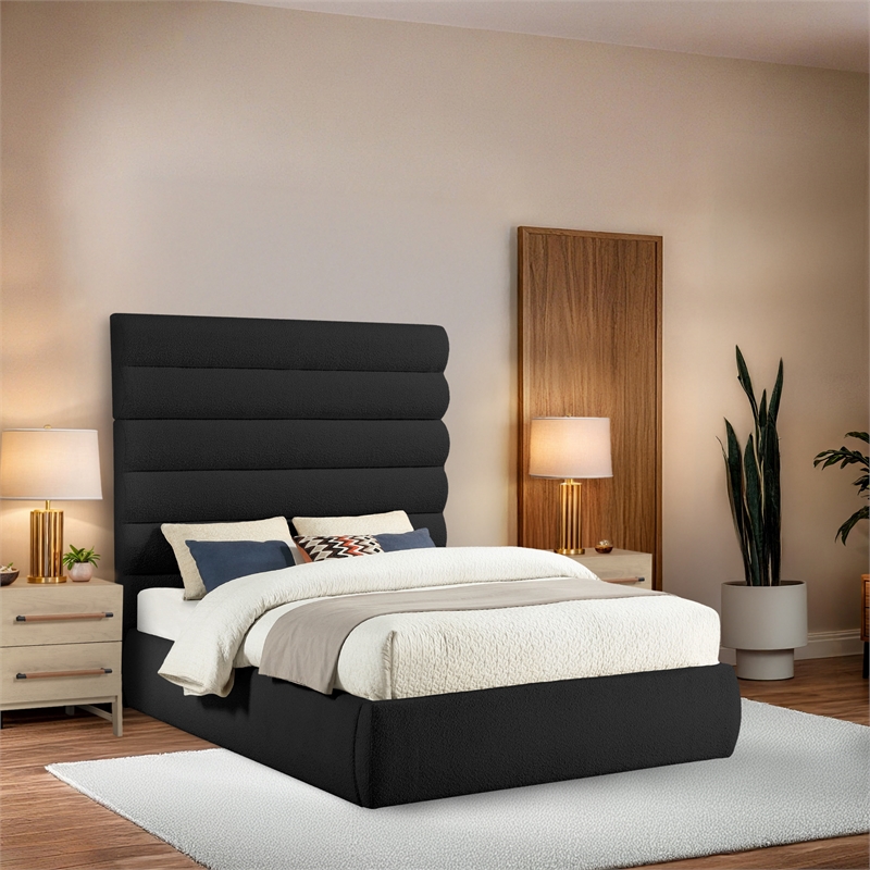 Bowery Hill Contemporary Deep Channel Tufted Rich Black Boucle Fabric Queen Bed