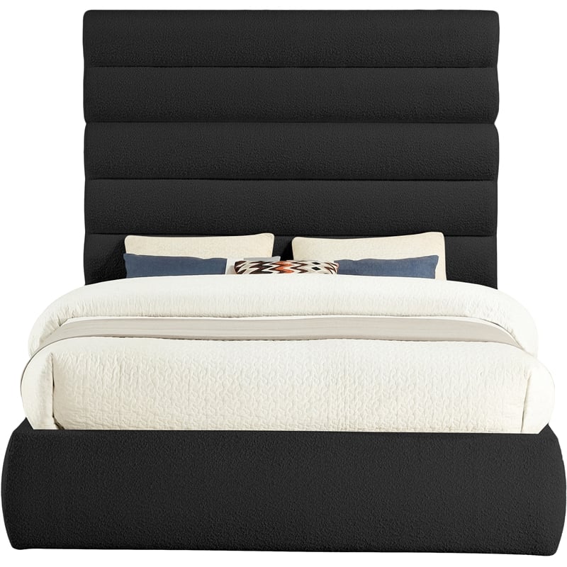 Bowery Hill Contemporary Deep Channel Tufted Rich Black Boucle Fabric Queen Bed