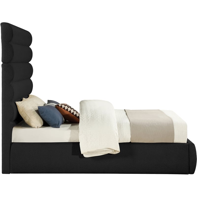 Bowery Hill Contemporary Deep Channel Tufted Rich Black Boucle Fabric Queen Bed