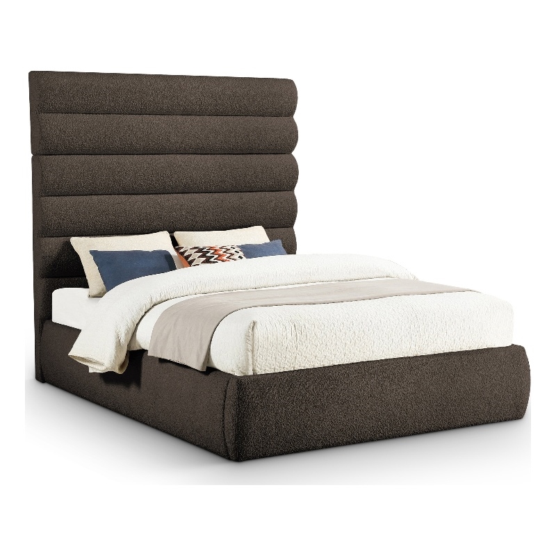 Bowery Hill Contemporary Deep Channel Tufted Rich Brown Boucle Fabric Queen Bed