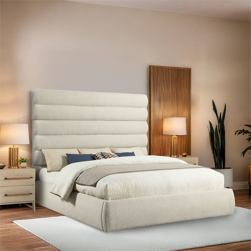 Bowery Hill Contemporary Deep Channel Tufted Rich Cream Boucle Fabric King Bed