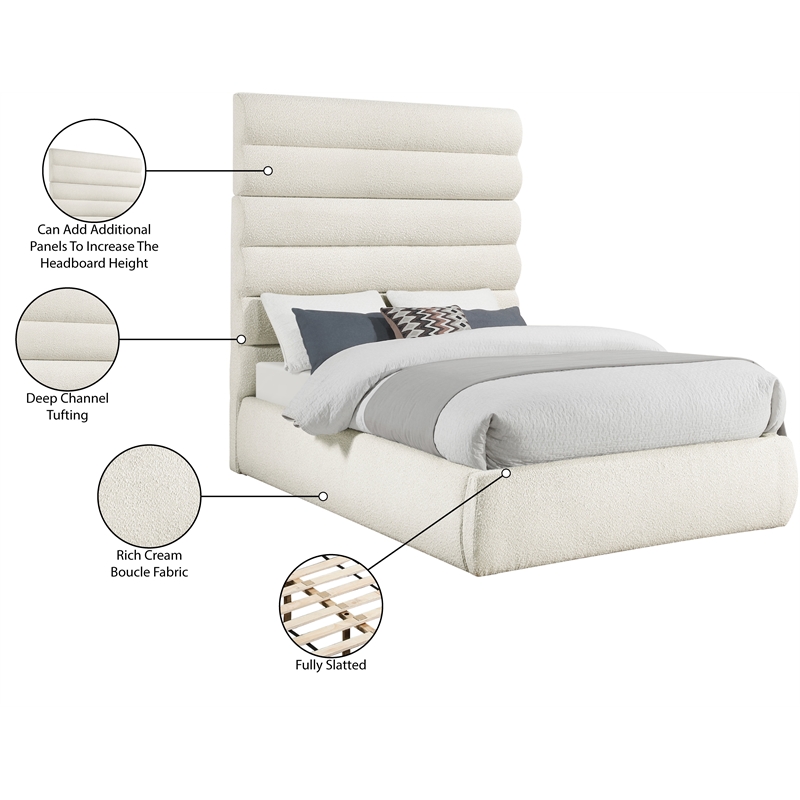 Bowery Hill Contemporary Deep Channel Tufted Rich Cream Boucle Fabric King Bed