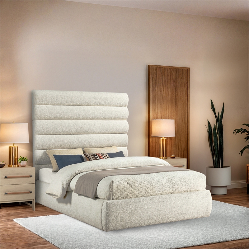 Bowery Hill Contemporary Deep Channel Tufted Rich Cream Boucle Fabric Queen Bed