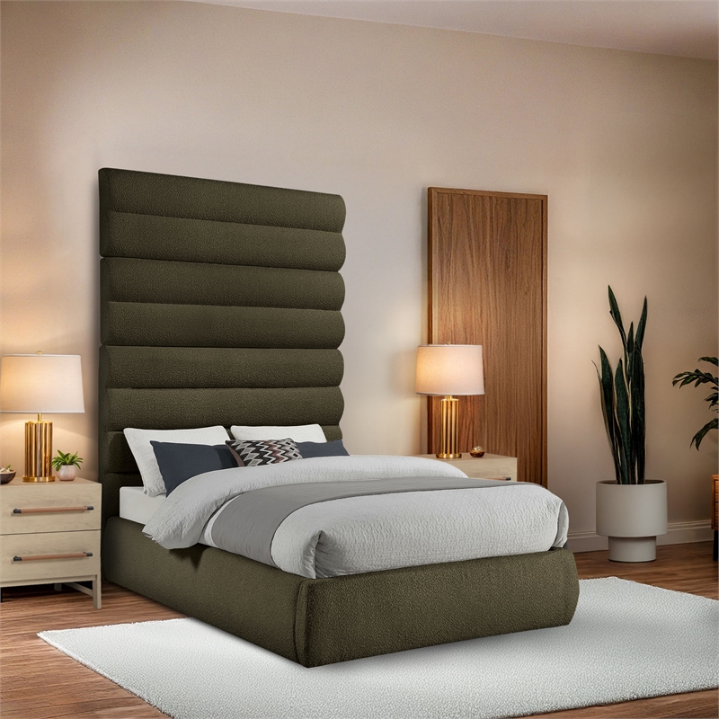Bowery Hill Contemporary Deep Channel Tufted Rich Olive Boucle Fabric Full Bed