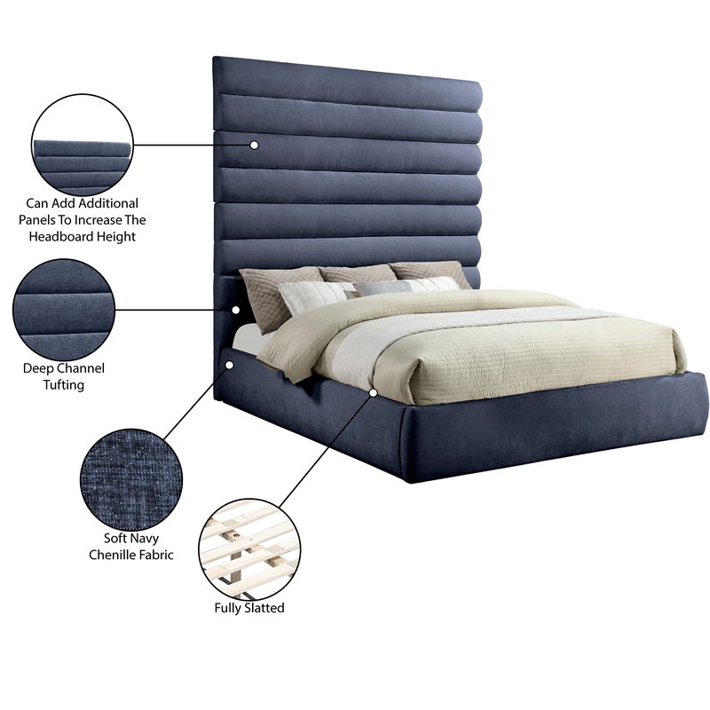 Bowery Hill Contemporary Deep Channel Tufted Soft Navy Chenille Fabric King Bed