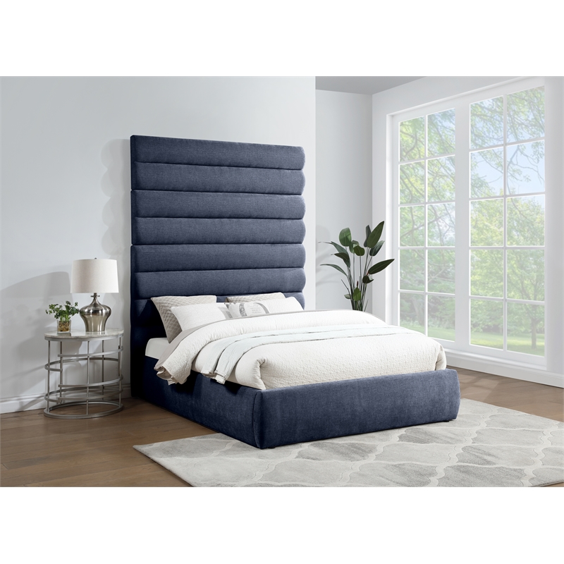 Bowery Hill Contemporary Soft Navy Chenille Fabric Queen Bed