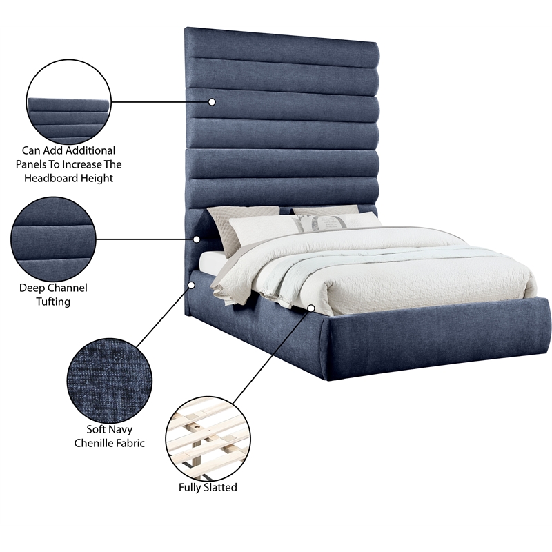 Bowery Hill Contemporary Soft Navy Chenille Fabric Queen Bed