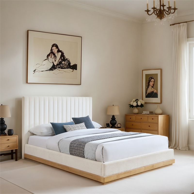Bowery Hill Contemporary Soft Cream Chenille Fabric Queen Bed