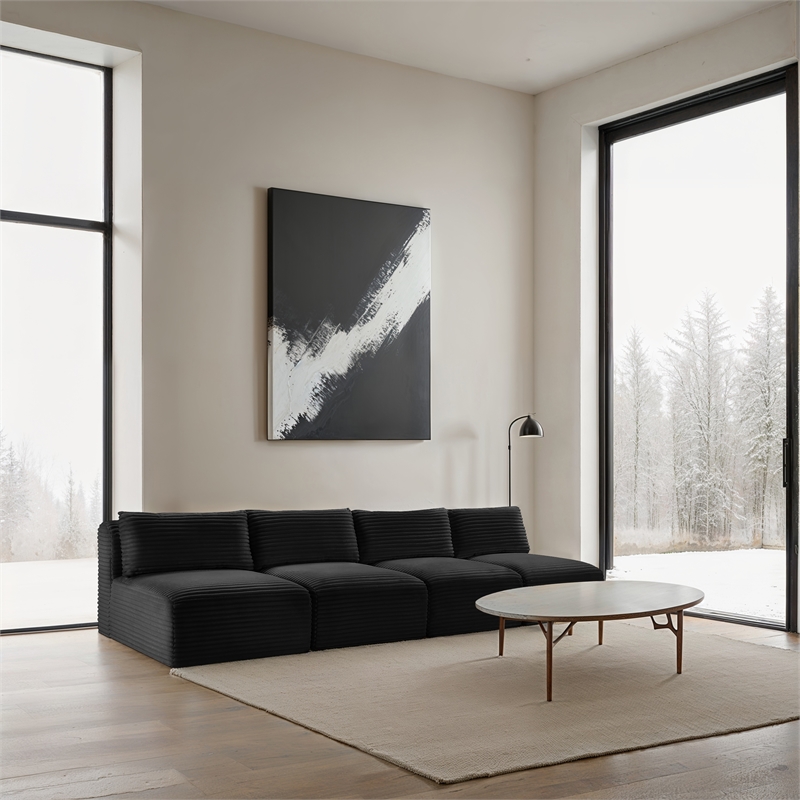 Bowery Hill Contemporary 4-Piece Black Corduroy Performance Fabric Modular Sofa
