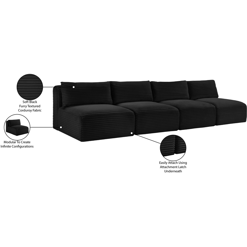 Bowery Hill Contemporary 4-Piece Black Corduroy Performance Fabric Modular Sofa