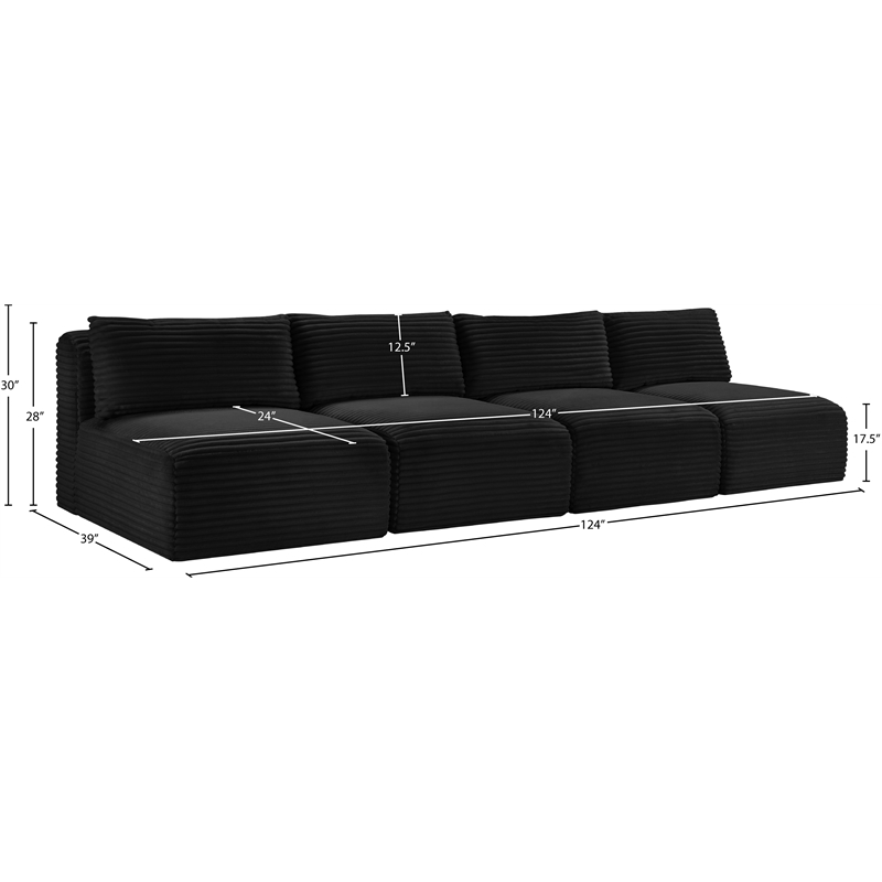 Bowery Hill Contemporary 4-Piece Black Corduroy Performance Fabric Modular Sofa
