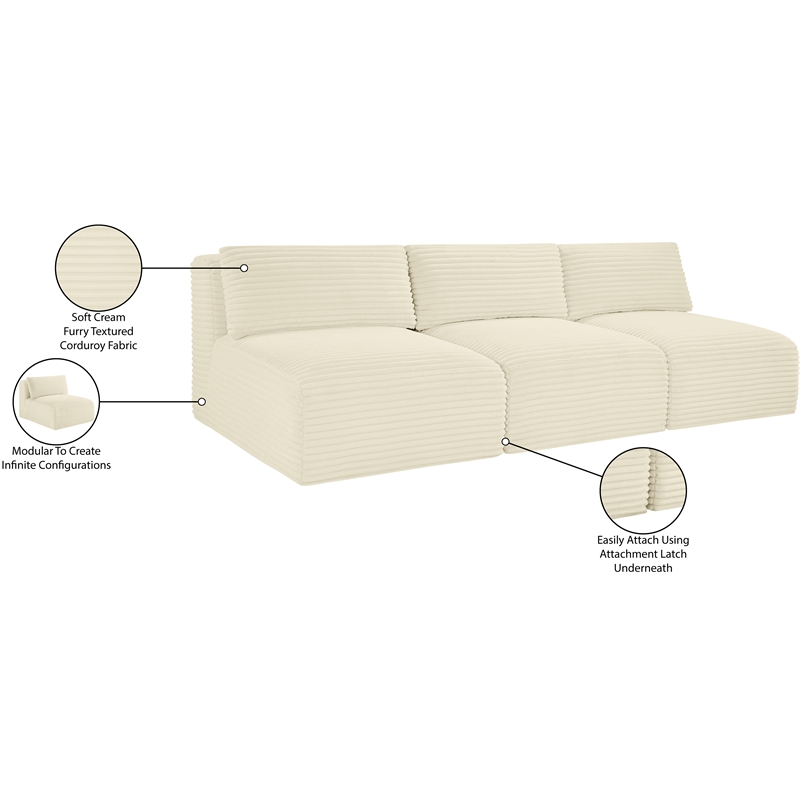 Bowery Hill Contemporary 3-Piece Cream Corduroy Performance Fabric Modular Sofa