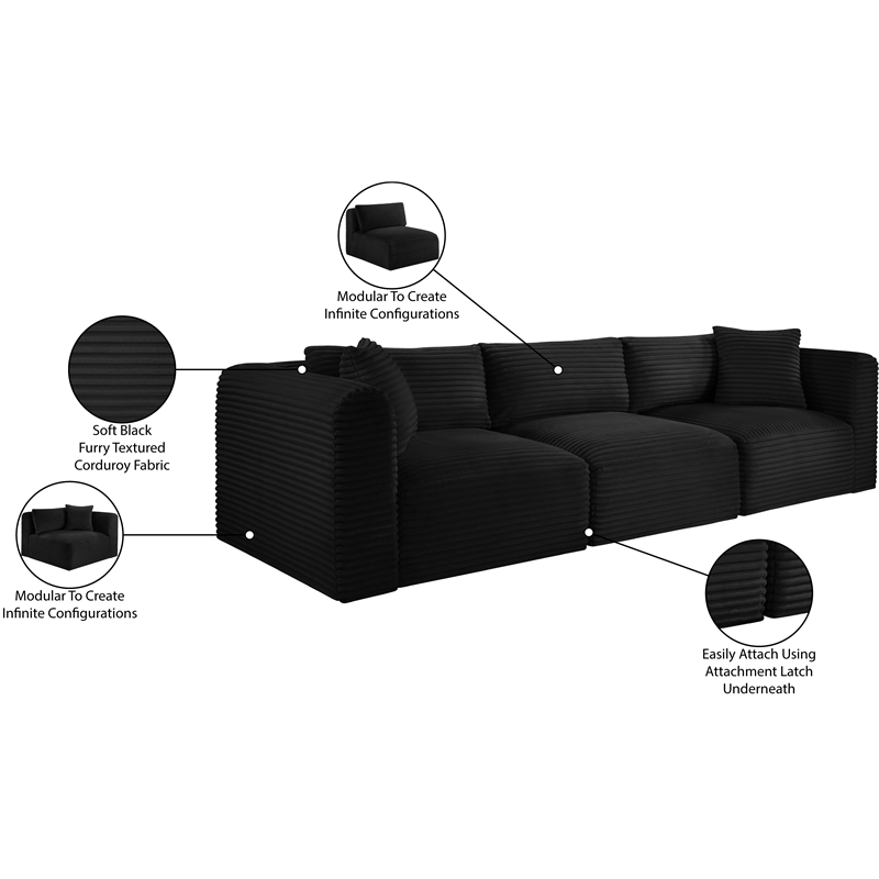Bowery Hill Contemporary 3-Piece Black Corduroy Performance Fabric Modular Sofa