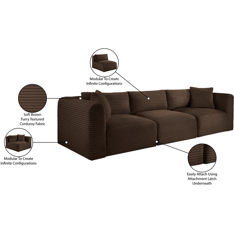 Bowery Hill Contemporary 3-Piece Brown Corduroy Performance Fabric Modular Sofa