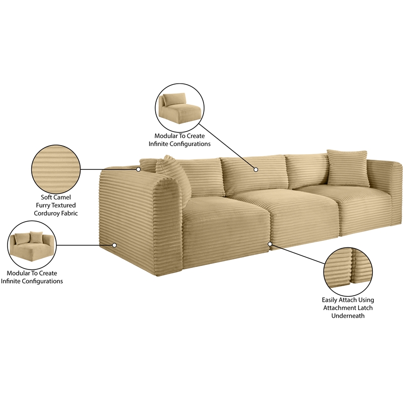 Bowery Hill Contemporary 3-Piece Camel Corduroy Performance Fabric Modular Sofa