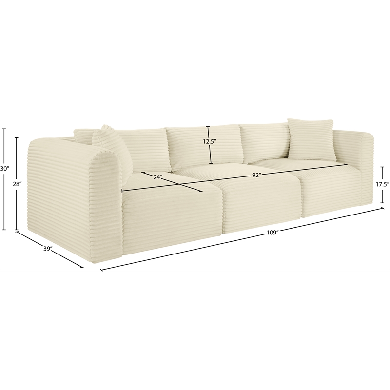 Bowery Hill Contemporary 3-Piece Cream Corduroy Performance Fabric Modular Sofa