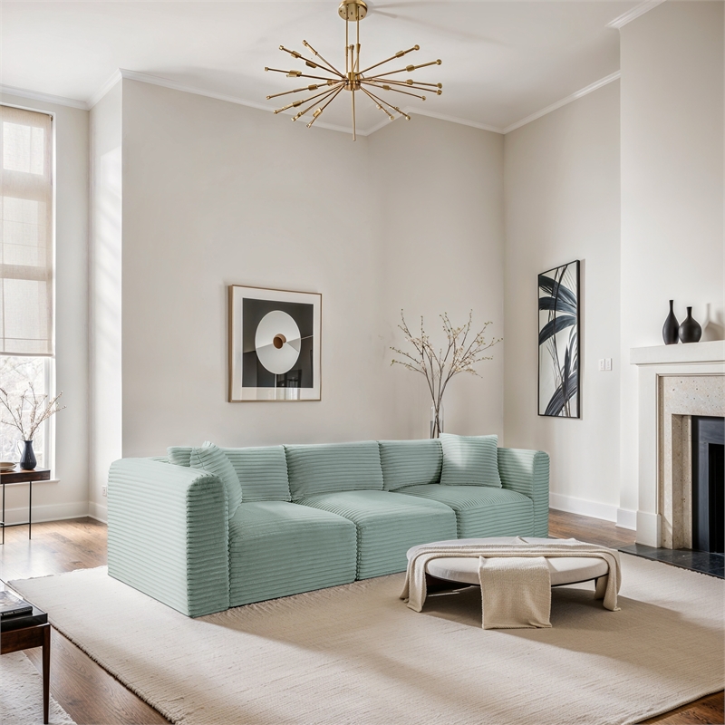 Bowery Hill Contemporary 3-Piece Mint Corduroy Performance Fabric Modular Sofa