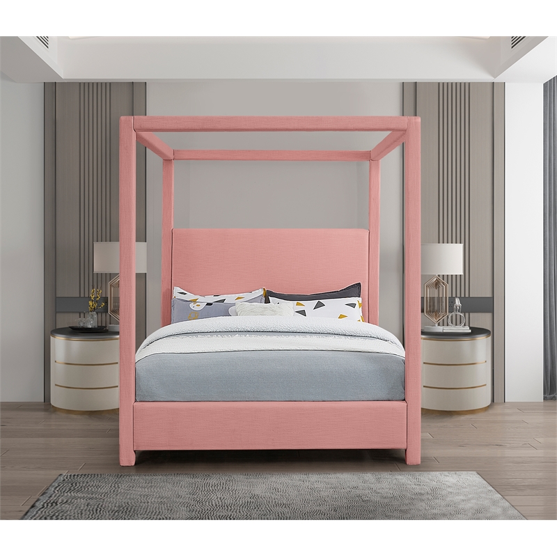 Bowery Hill Contemporary Pink Linen Textured Fabric King Bed