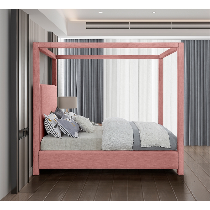 Bowery Hill Contemporary Pink Linen Textured Fabric King Bed