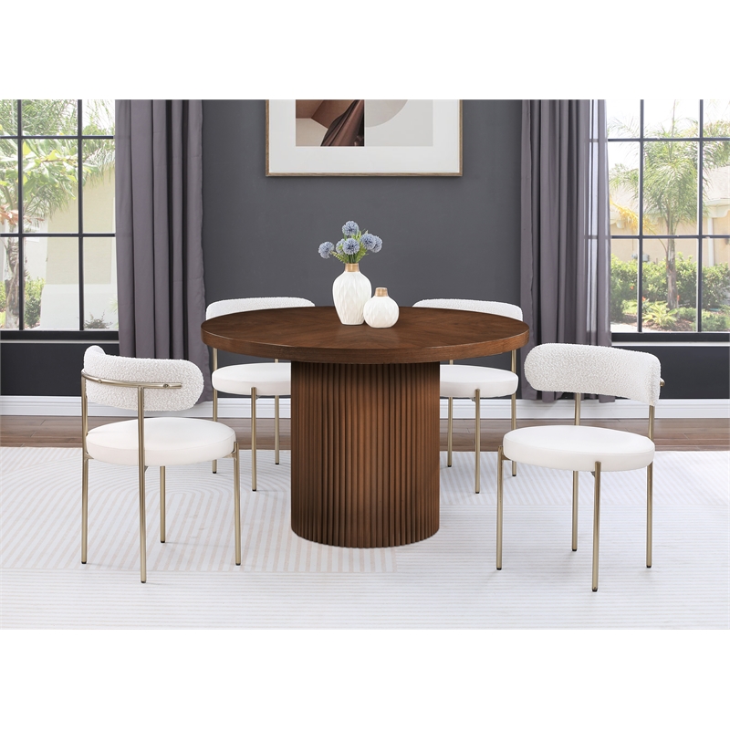 Bowery Hill Contemporary Round Brown Solid Wood and Oak Veneer Dining Table