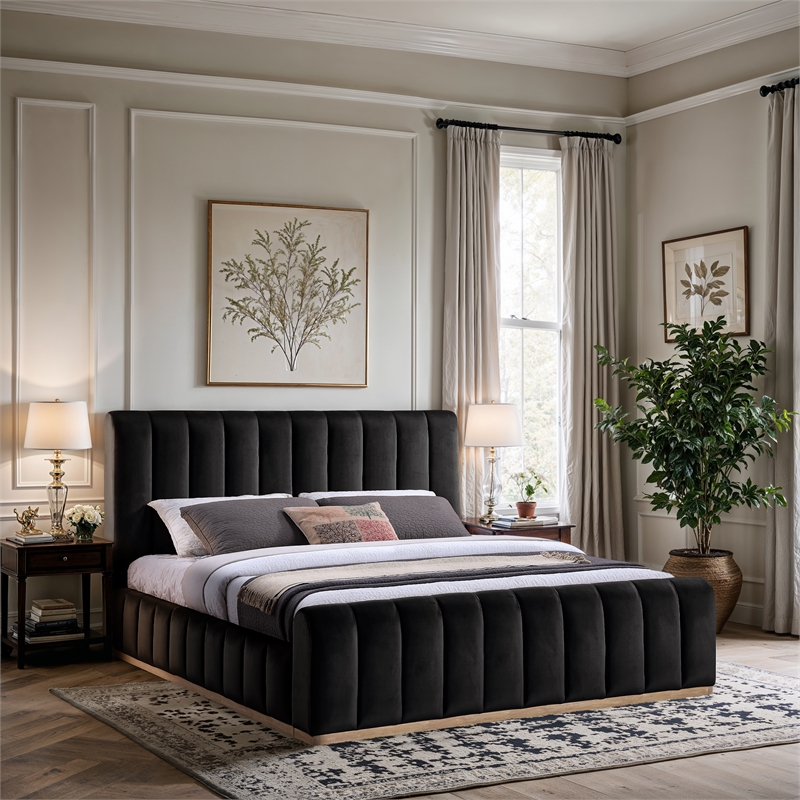 Bowery Hill Contemporary Black Durable Velvet King Fully Slatted Bed