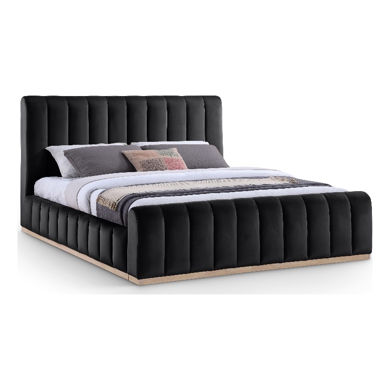 Bowery Hill Contemporary Black Durable Velvet King Fully Slatted Bed