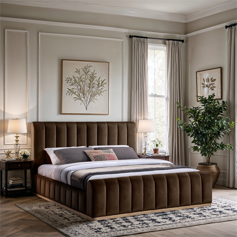 Bowery Hill Contemporary Brown Durable Velvet King Fully Slatted Bed