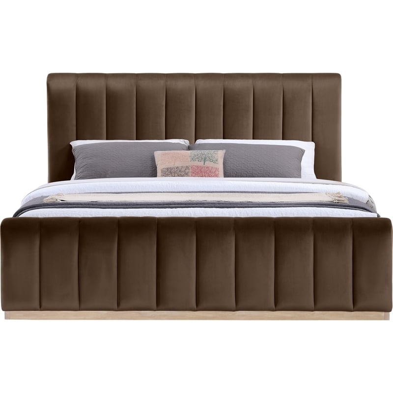 Bowery Hill Contemporary Brown Durable Velvet King Fully Slatted Bed