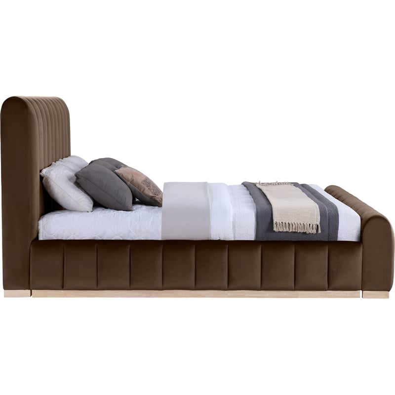 Bowery Hill Contemporary Brown Durable Velvet King Fully Slatted Bed