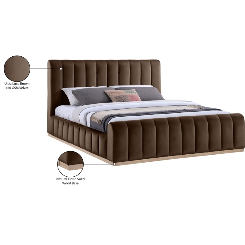 Bowery Hill Contemporary Brown Durable Velvet King Fully Slatted Bed