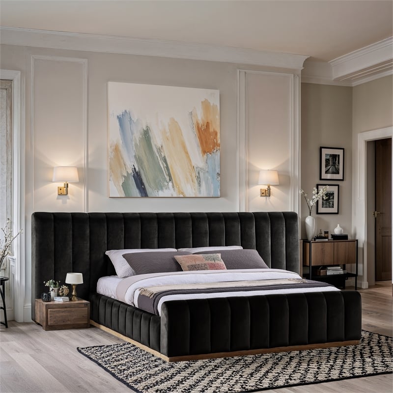 Bowery Hill Contemporary Black Velvet King Bed with Added Panels