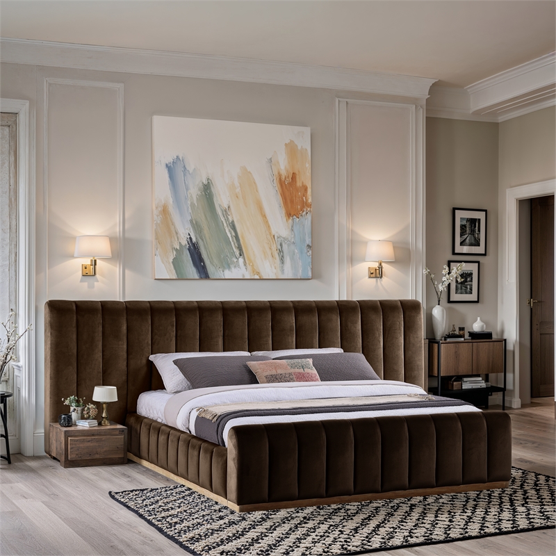 Bowery Hill Contemporary Brown Velvet King Bed with Added Panels