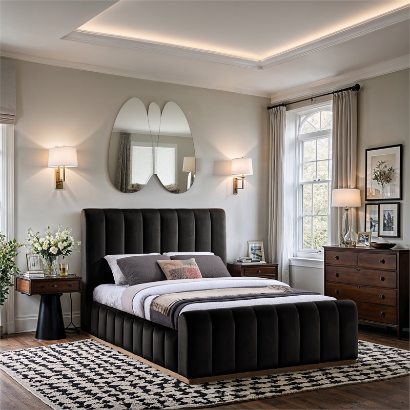 Bowery Hill Contemporary Black Durable Velvet Queen Fully Slatted Bed