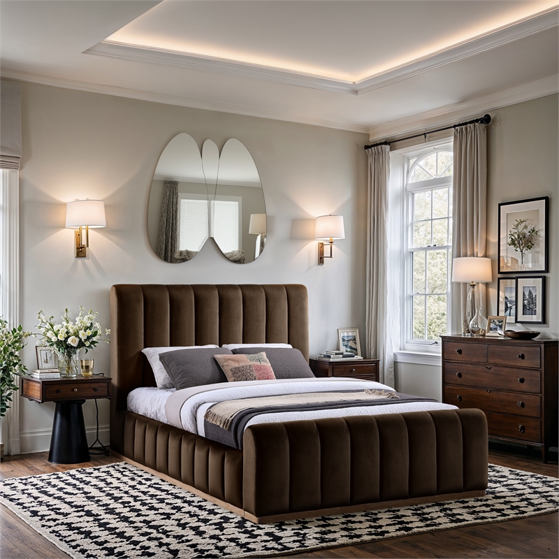 Bowery Hill Contemporary Brown Durable Velvet Queen Fully Slatted Bed