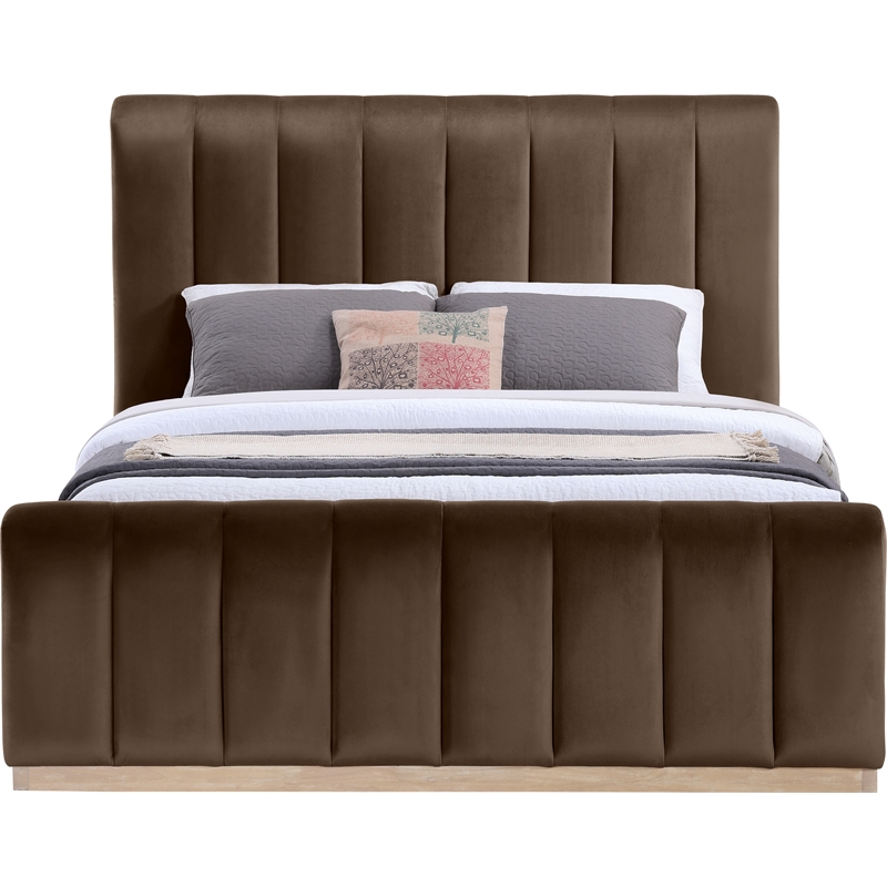 Bowery Hill Contemporary Brown Durable Velvet Queen Fully Slatted Bed