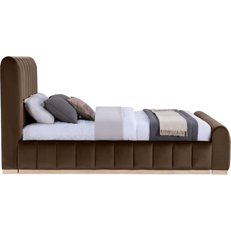 Bowery Hill Contemporary Brown Durable Velvet Queen Fully Slatted Bed