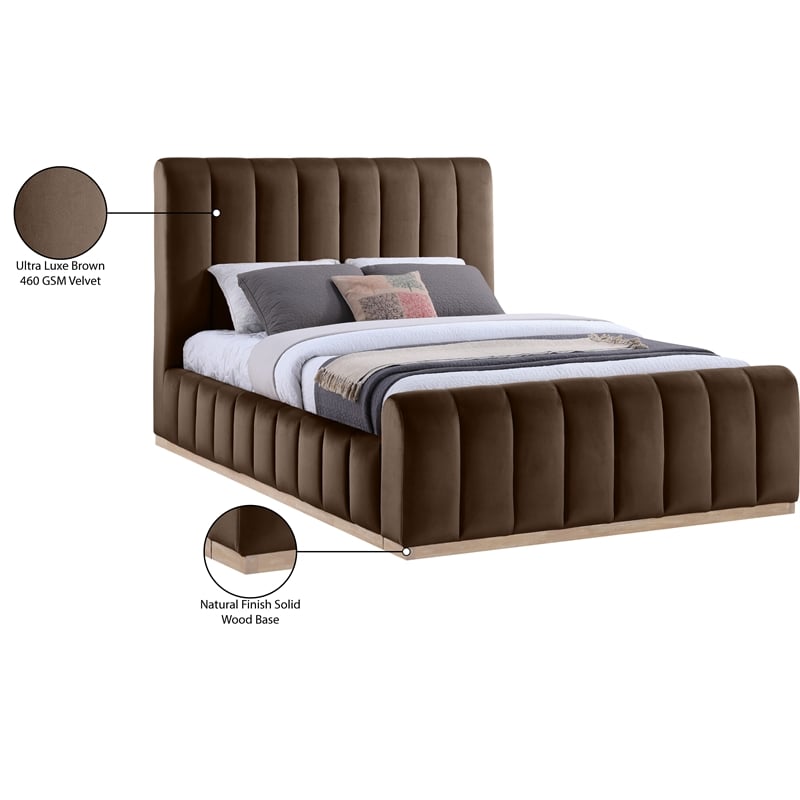 Bowery Hill Contemporary Brown Durable Velvet Queen Fully Slatted Bed