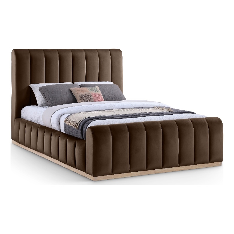 Bowery Hill Contemporary Brown Durable Velvet Queen Fully Slatted Bed
