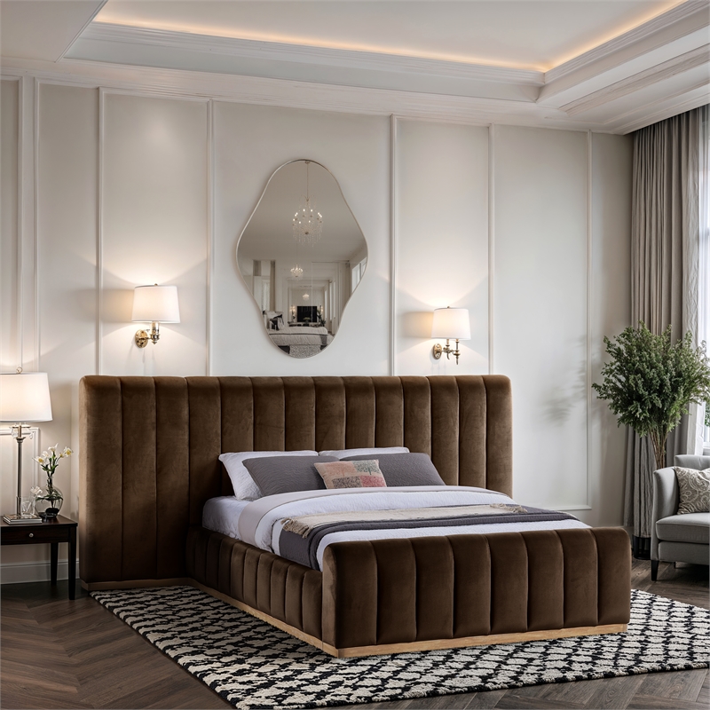 Bowery Hill Contemporary Brown Velvet Queen Bed with Added Panels
