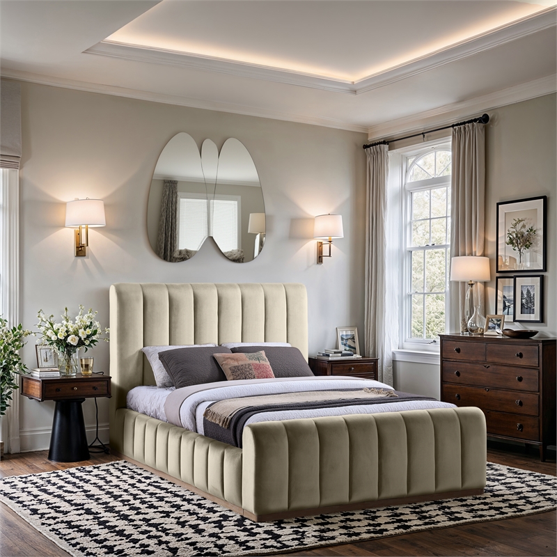 Bowery Hill Contemporary Cream Durable Velvet Queen Fully Slatted Bed