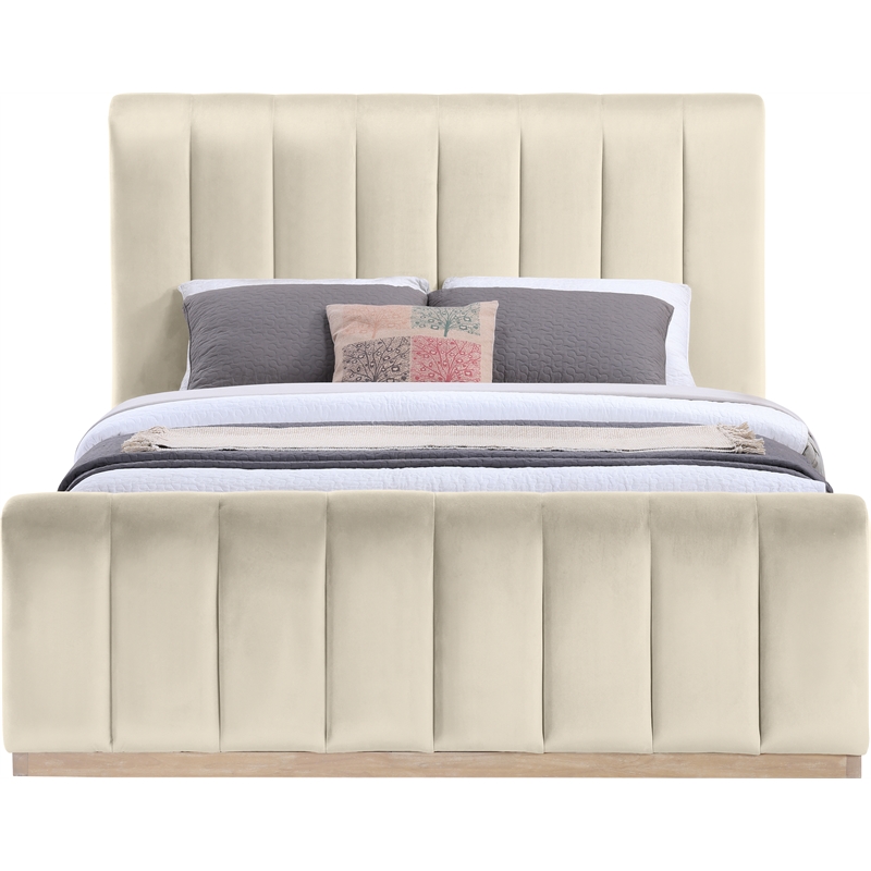 Bowery Hill Contemporary Cream Durable Velvet Queen Fully Slatted Bed