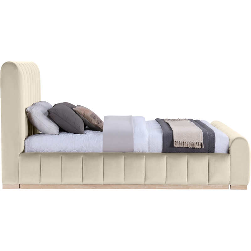 Bowery Hill Contemporary Cream Durable Velvet Queen Fully Slatted Bed
