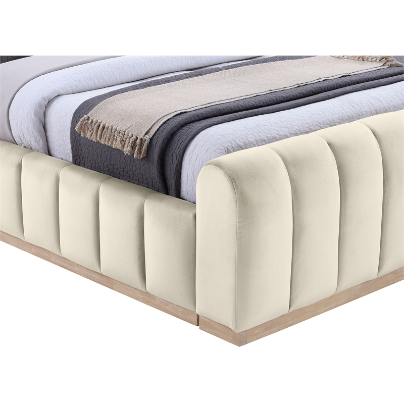 Bowery Hill Contemporary Cream Durable Velvet Queen Fully Slatted Bed