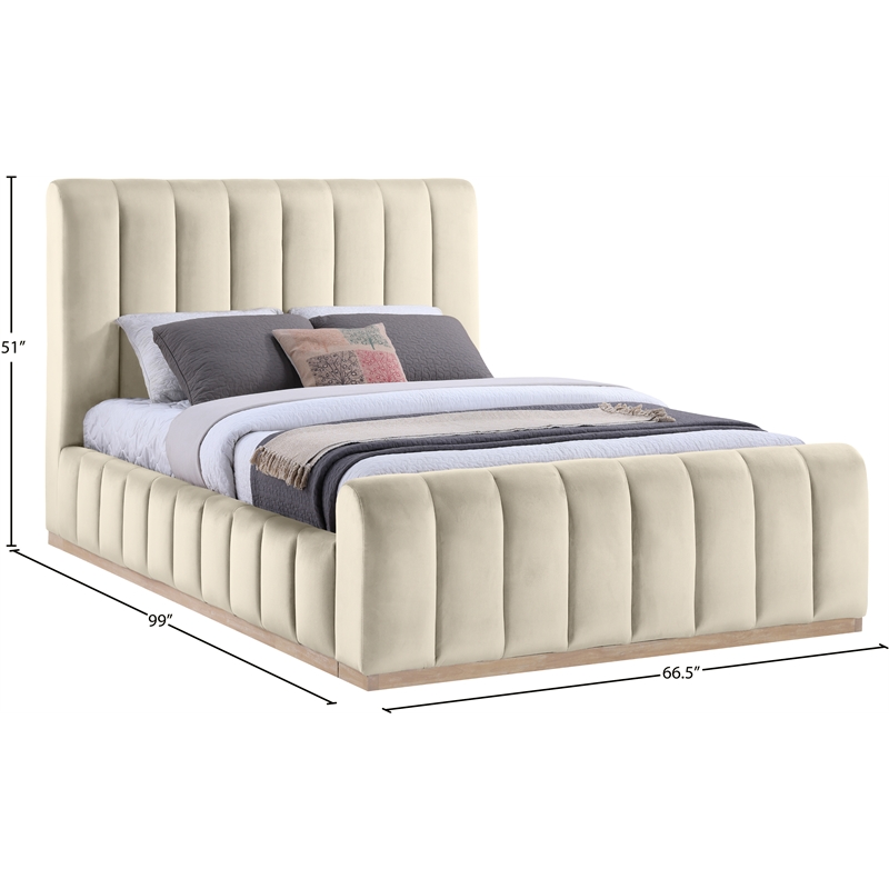 Bowery Hill Contemporary Cream Durable Velvet Queen Fully Slatted Bed