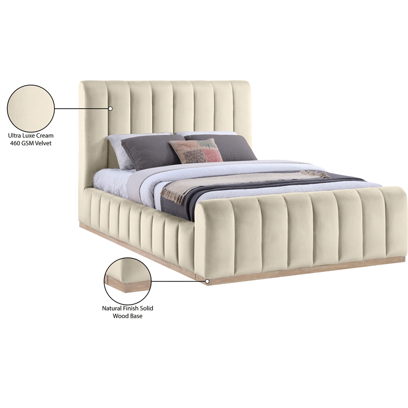 Bowery Hill Contemporary Cream Durable Velvet Queen Fully Slatted Bed